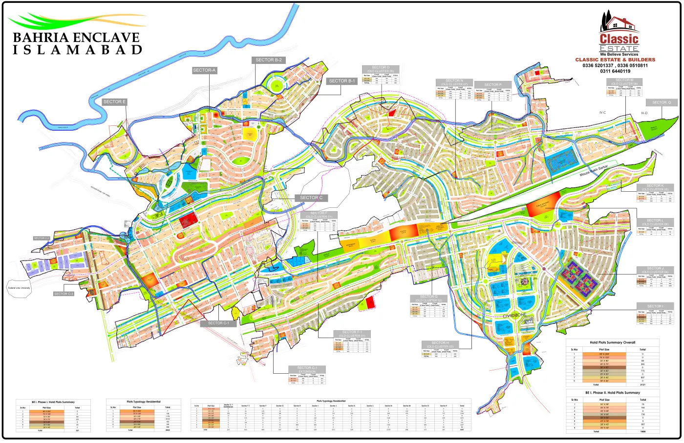 Bahria Enclave Islamabad sector map — all 15 sectors with plot blocks, roads and civic zones