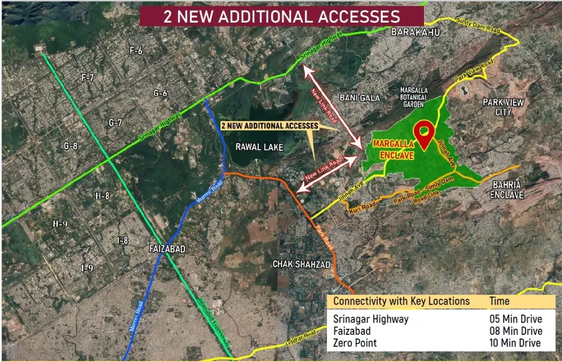 Access routes to DHA Margalla Enclave via Park Road and Srinagar Highway