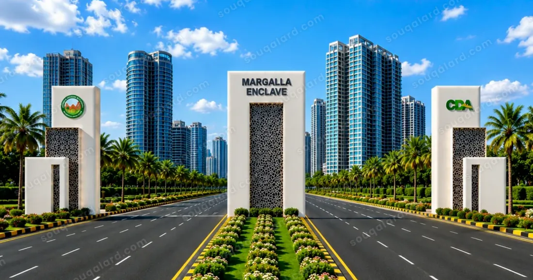 Main gate approach at DHA Margalla Enclave Islamabad, with the Margalla Hills skyline beyond