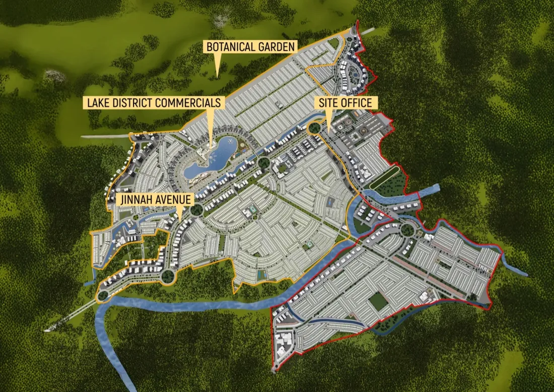 DHA Margalla Enclave master plan showing ME-1 to ME-4 blocks and the Lake District
