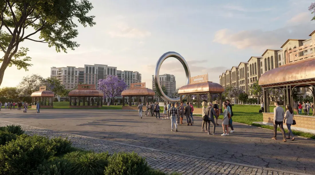 Pedestrian plaza and retail frontage at Margalla Orchards Walk, Islamabad