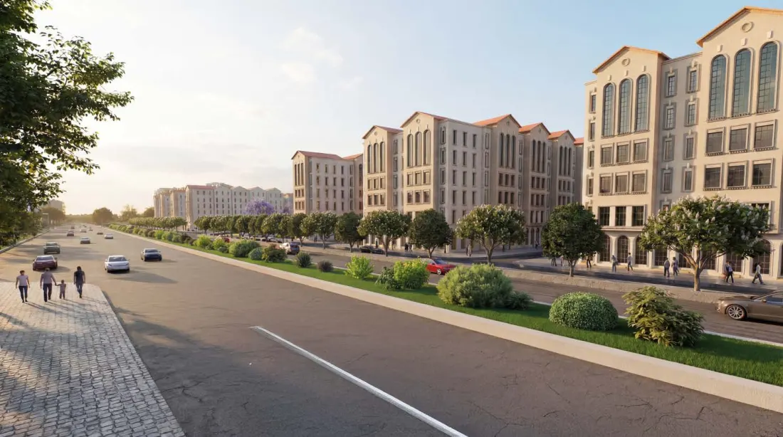 Spanish-themed architecture along the boulevard at Margalla Orchards Walk